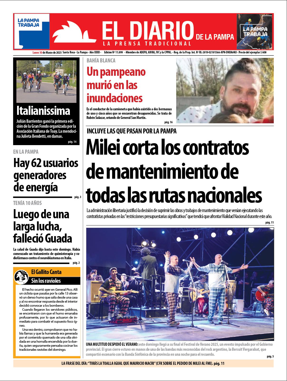 Tapa de El Diario en papel  lunes 10 de marzo de 2025